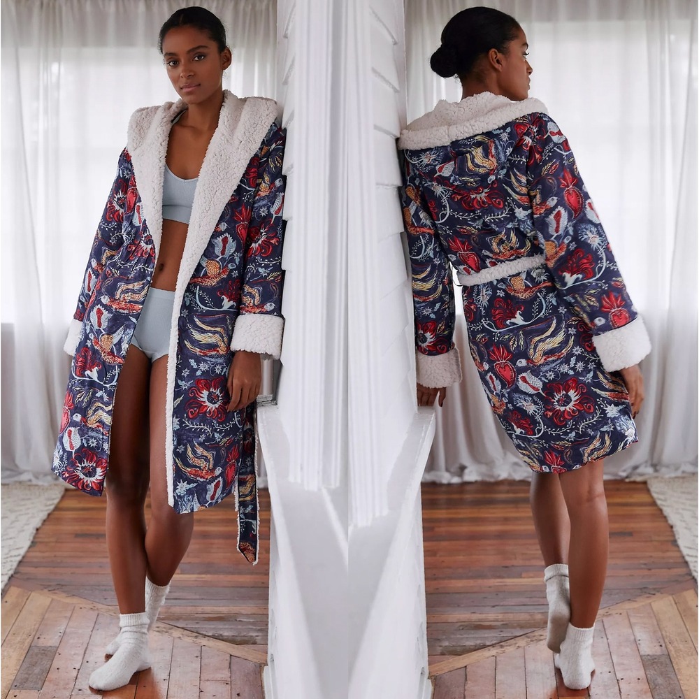 Anthropologie Raphael Balme Sherpa Lined Hooded Robe 2X Boho Folk Art Goblincore